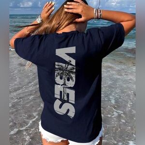 SHEIN Navy Graphic Tee with Palm Design